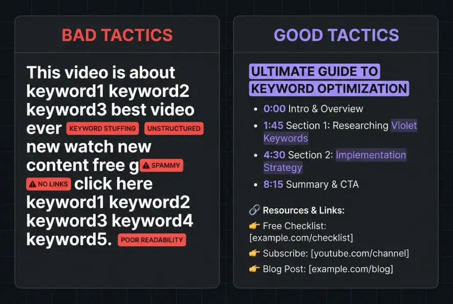 Comparison diagram of keyword stuffing versus structured YouTube description SEO.