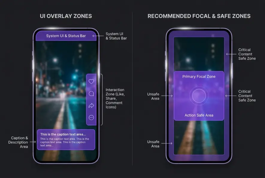 Comparison diagram of vertical video framing safe zones for short form platforms