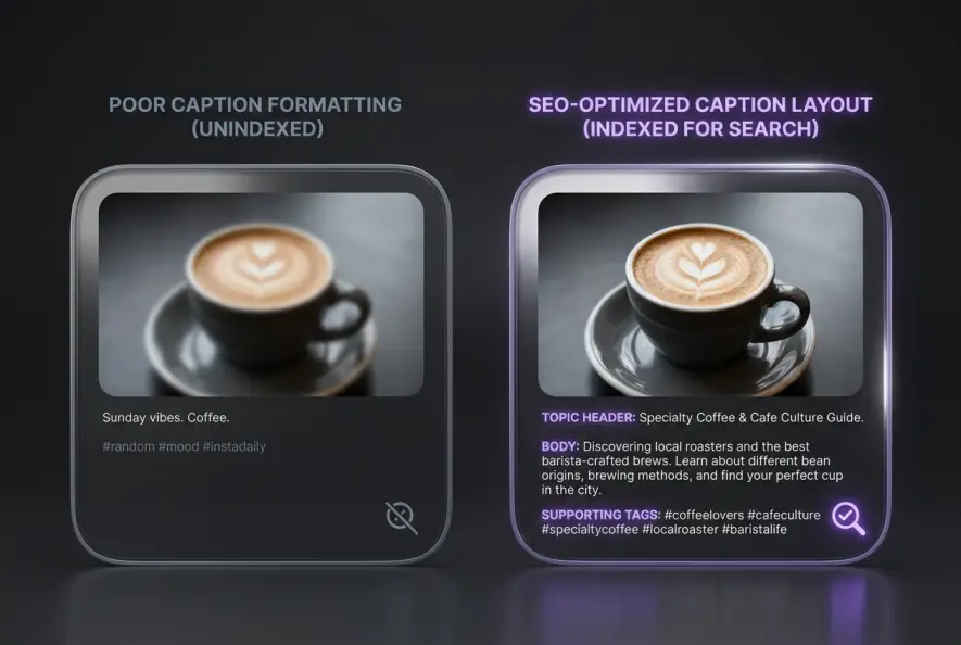 Comparison infographic showing unindexed caption versus structured Instagram keyword SEO caption formatting