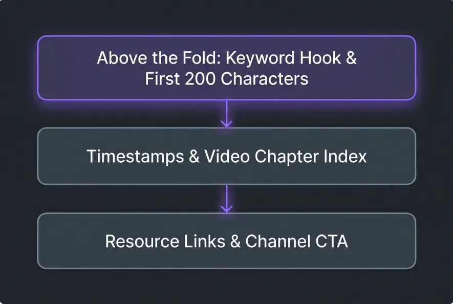 Diagram detailing the optimal structure for YouTube description SEO.