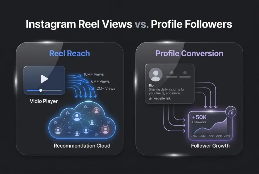 Diagram illustrating the difference between Instagram Reel views drivers and profile follower conversion drivers.