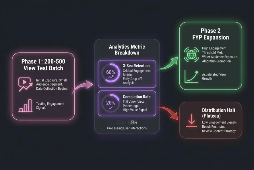 Diagram illustrating TikTok initial 200 view test batch distribution funnel.