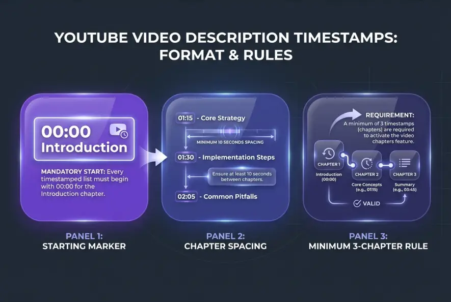 Diagram showing correct formatting and spacing for YouTube video timestamps