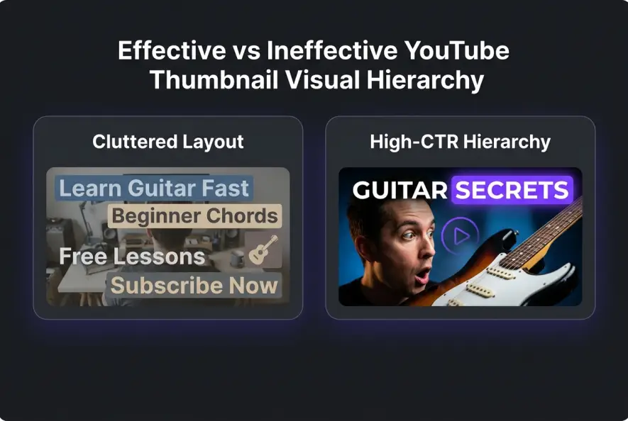 Side-by-side comparison diagram of poor versus high-CTR YouTube thumbnail visual layouts.