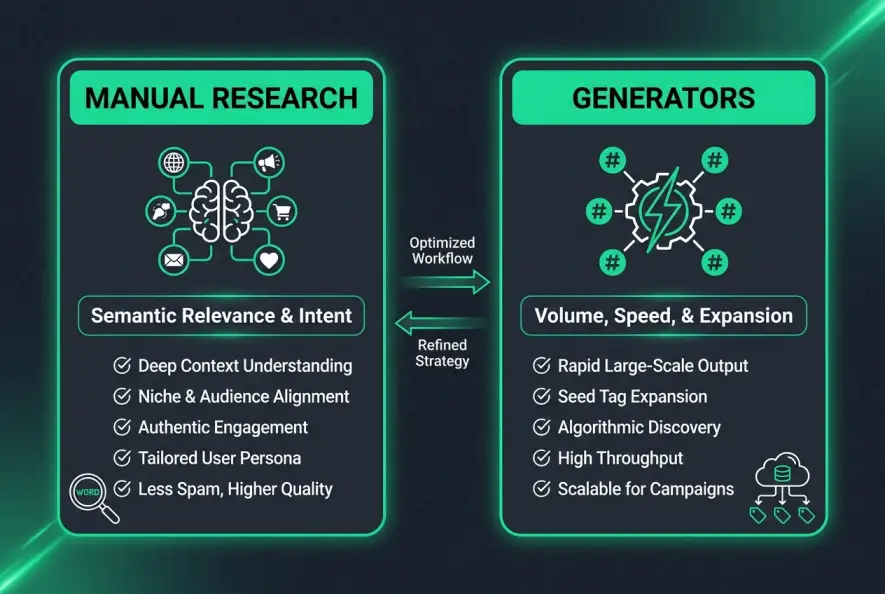 Side-by-side comparison matrix of manual hashtag research versus automated generators