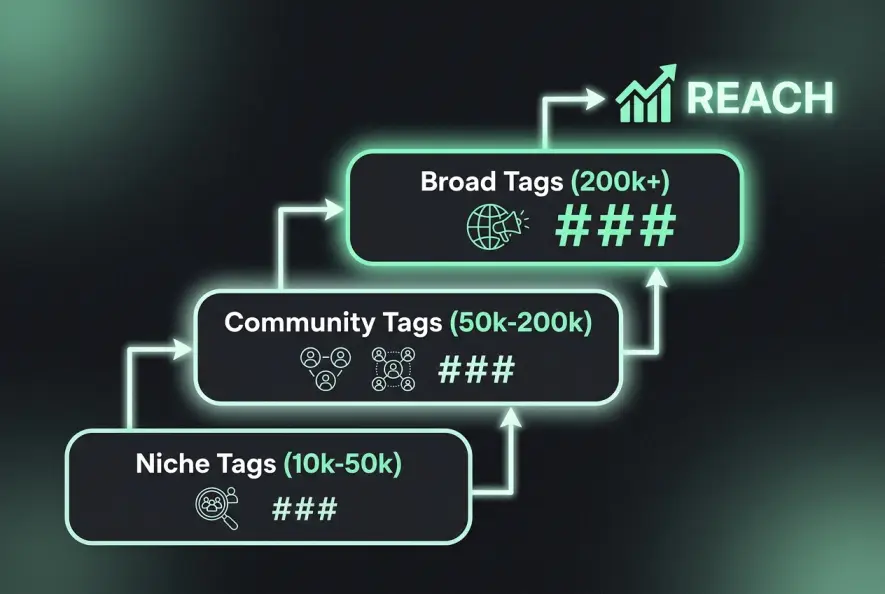 Step-by-step diagram of the hashtag ladder strategy tiers for Instagram and TikTok reach