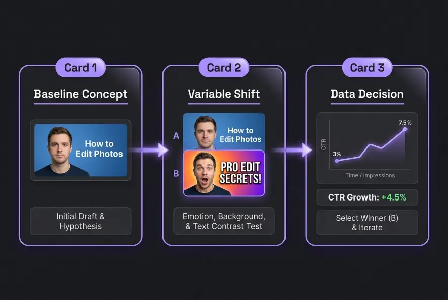 Step-by-step process diagram for running YouTube thumbnail A/B experiments to increase CTR.