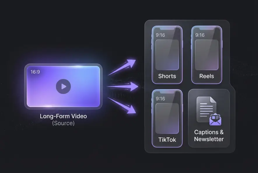 Workflow diagram showing how long form video breaks down into short form vertical clips